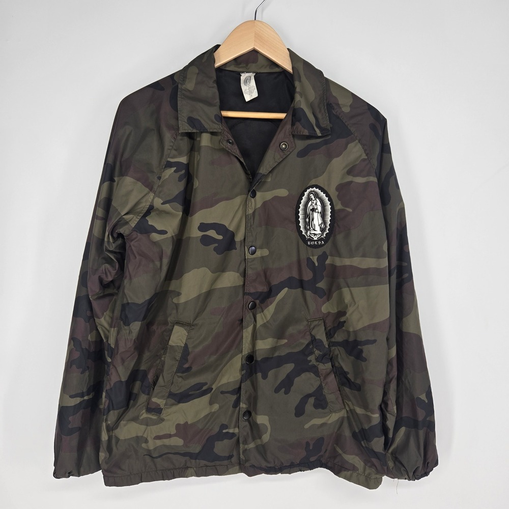 Bolsa‎ Coach Jacket Mens Small Green Camo Virgin Mary Streetwear Windbreaker